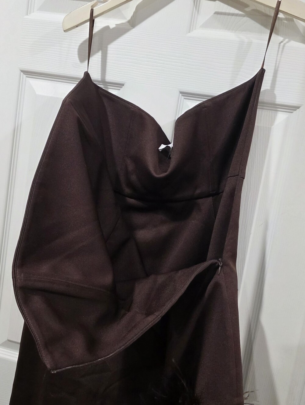 Delfi Collective Jocelyn Strapless Satin Feather Trim Midi Dress Chocolate Brown - Picture 5 of 6